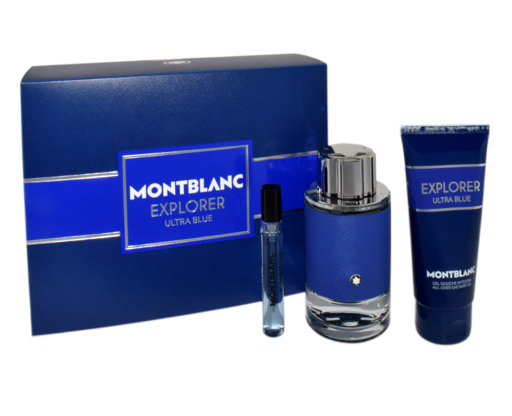 Zestaw prezentowy Mont Blanc Explorer Ultra Blue woda perfumowana + Travel Spray 7,5ml + Shower Gel